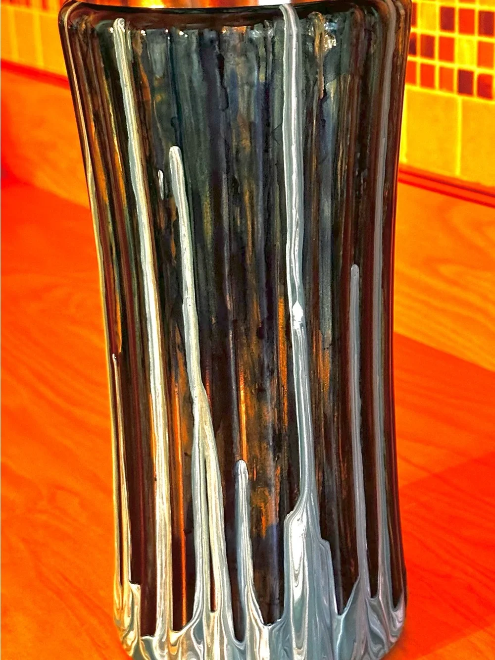 Hand crafted Blue abstract Glass Decorative Vase with Silver lid